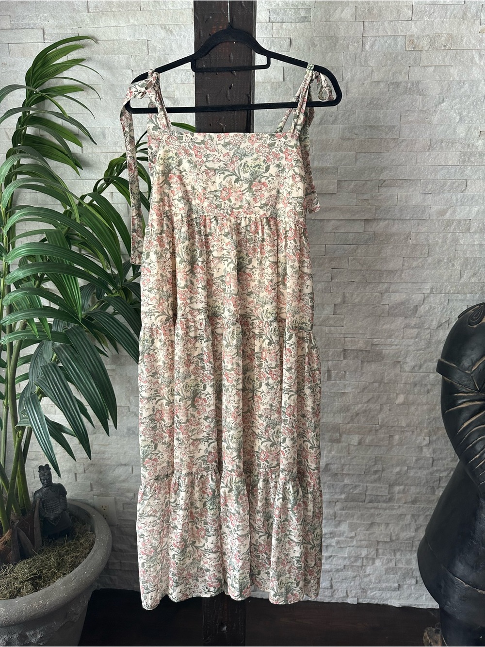 Baevely Floral Tie-Shoulder Sundress Cream Green Pink Size L New with Tags